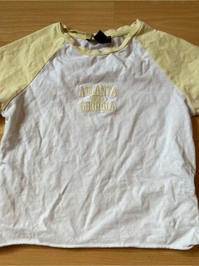 Primark White and Light Yellow Raglan Crop Top